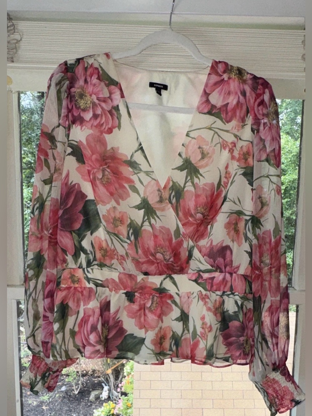 Express Floral Wrap Peplum Blouse in Coral, Green and Cream